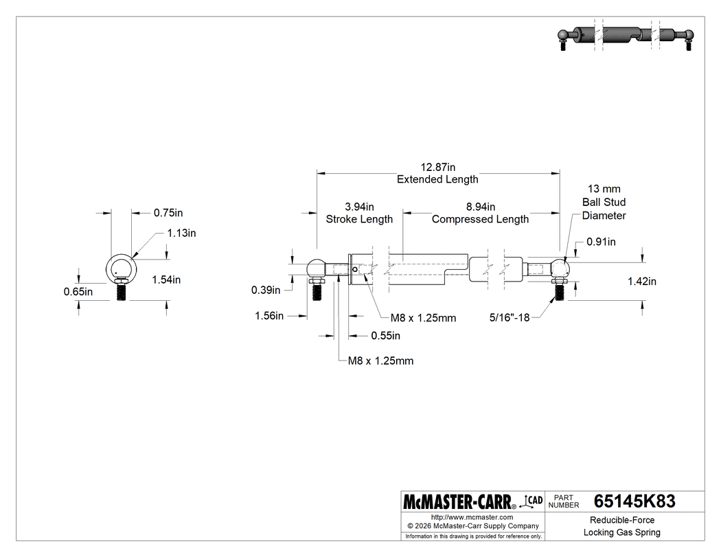 Technical Drawing of Adjustable-Force Locking Gas Spring, 12.87" Extended Length .